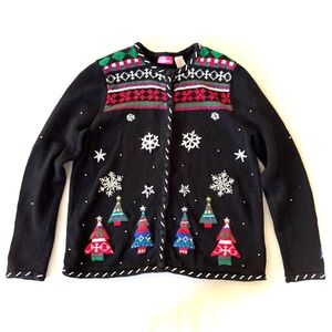 Pappagallo Black Holiday Sweater with Colorful Trees & snowflakes Christmas/S